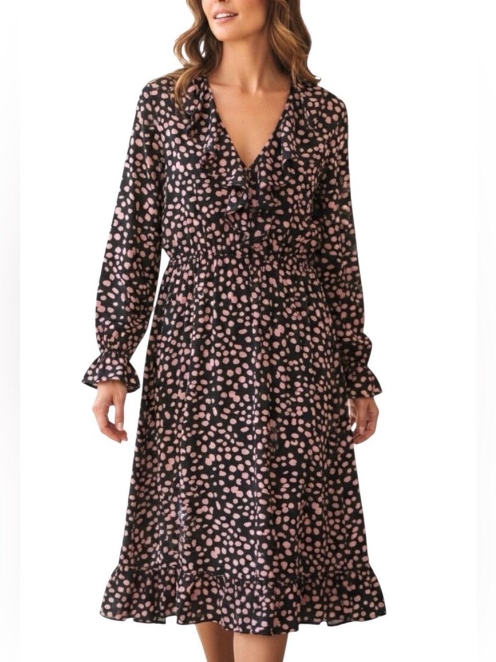New Long Tall Sally Black and Pink Polka Dot Wrap Style Midi Dress - 14 Tall